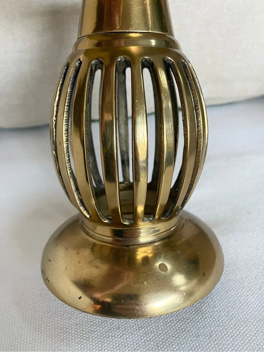 Vintage Brass Pillar Candle Holder Caged Slatted Design Hollywood Regency 6.5”